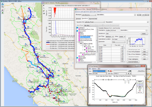 Screenshot of northern California waterways with overlay interface and charts.